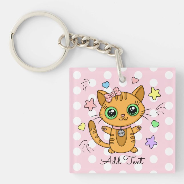 Cute Orange Kitty Cat pink Polka Dot Keychain (Front)