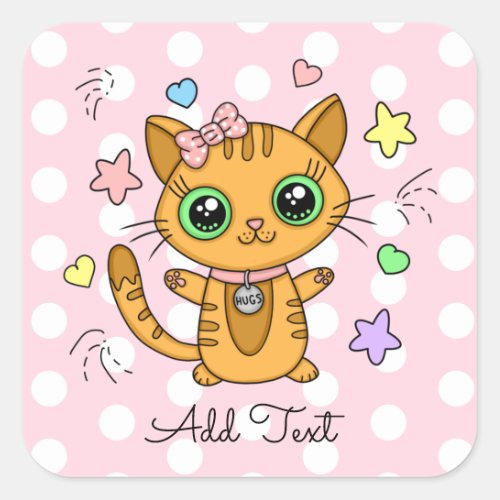 Cute Orange Kitty Cat pink Polka Dot personalized Square Sticker