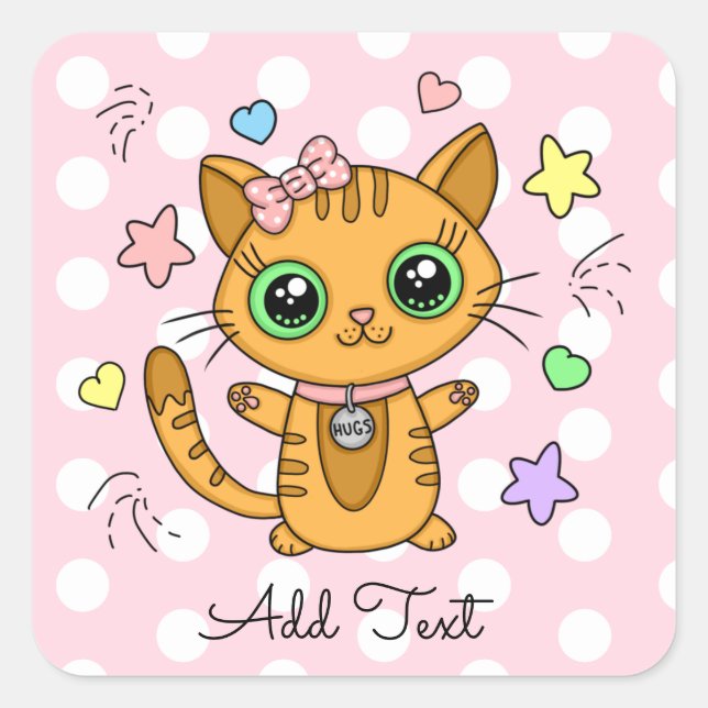 Cute Orange Kitty Cat pink Polka Dot personalized Square Sticker (Front)