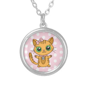 Cute Orange Kitty Cat pink Polka Dot Silver Plated Necklace