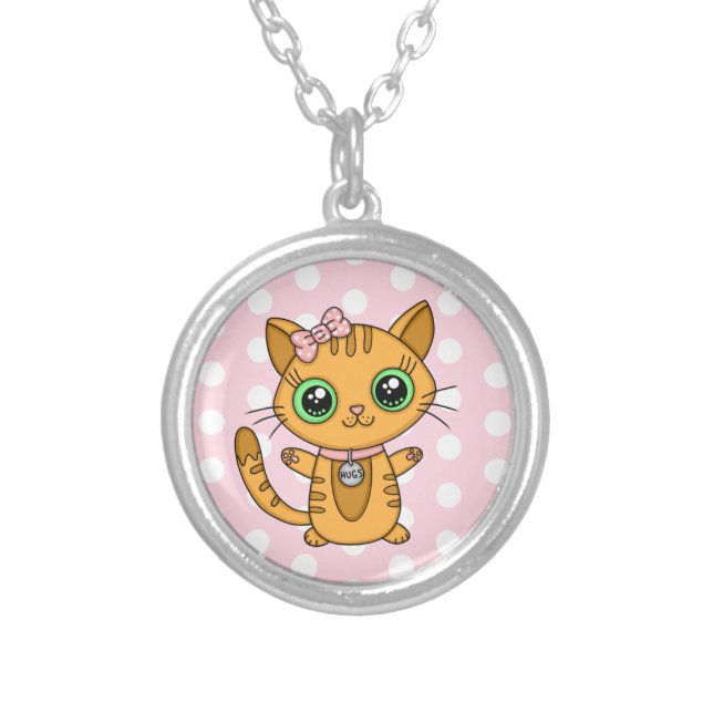 Cute Orange Kitty Cat pink Polka Dot Silver Plated Necklace (Front)