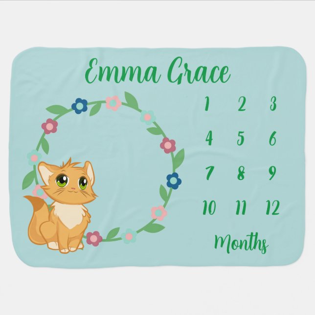Cute Orange Kitty Monthly Milestone Baby Blanket (Horizontal)