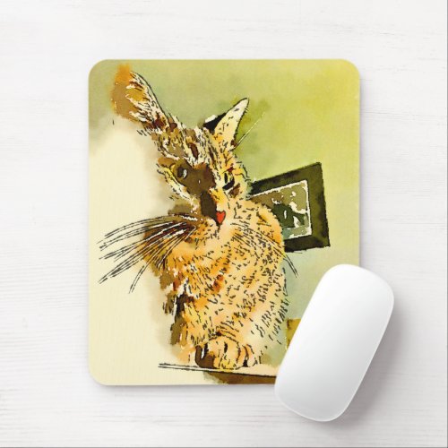 Cute Orange Kitty Whiskers Heart Nose Watercolor Mouse Pad