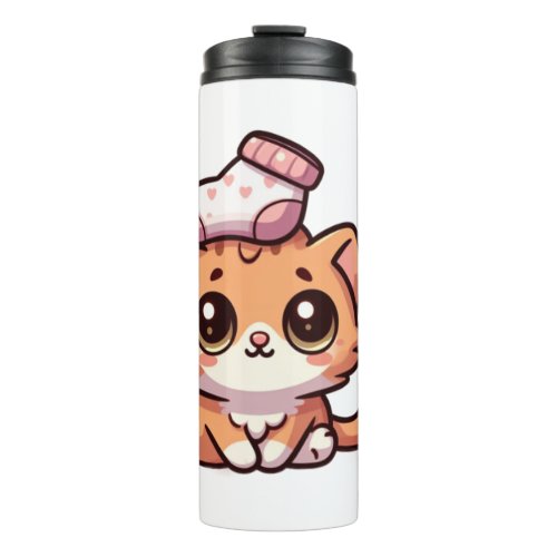 Cute orange kitty with a sock  1 thermal tumbler