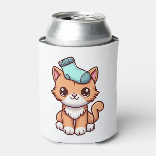 cute orange kitty with a sock  2 can cooler