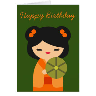 Cute orange Kokeshi Japanese doll Cards