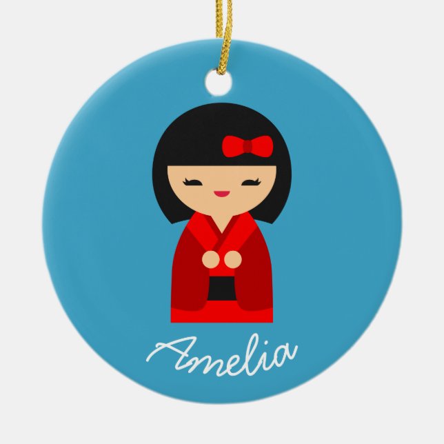 Cute orange Kokeshi Japanese dolls Ceramic Ornament (Front)