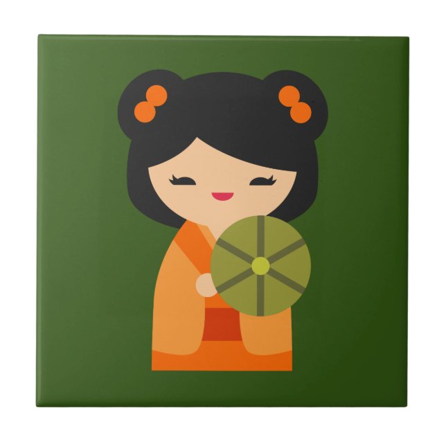 Cute orange Kokeshi Japanese dolls Ceramic Tile (Front)
