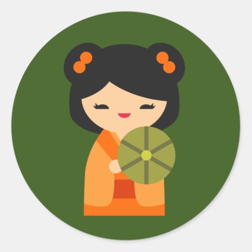 Cute orange Kokeshi Japanese dolls Classic Round Sticker