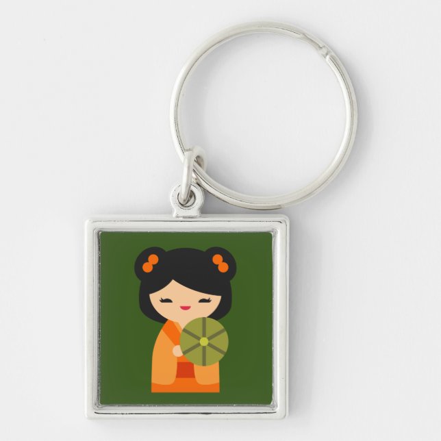 Cute orange Kokeshi Japanese dolls Keychain (Front)