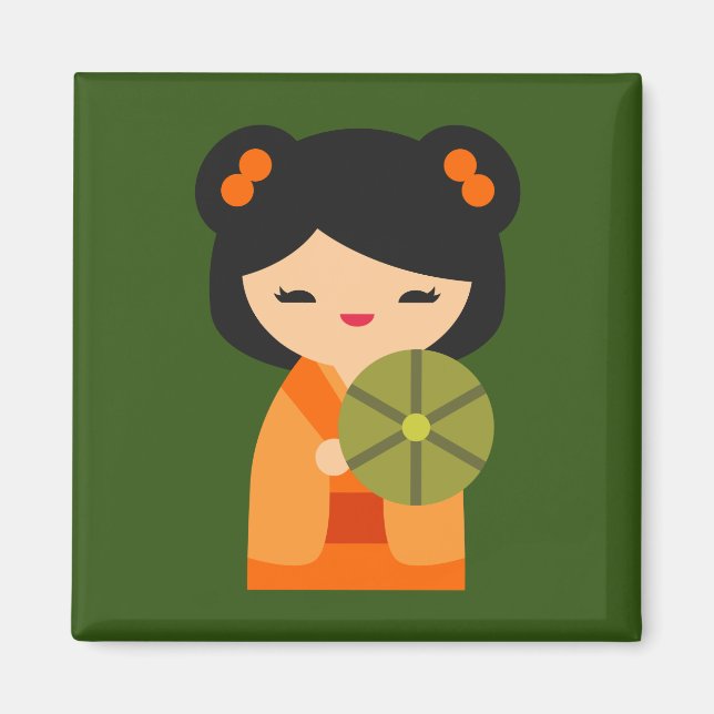 Cute orange Kokeshi Japanese dolls Magnet (Front)
