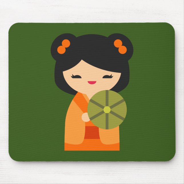 Cute orange Kokeshi Japanese dolls Mouse Pad (Front)