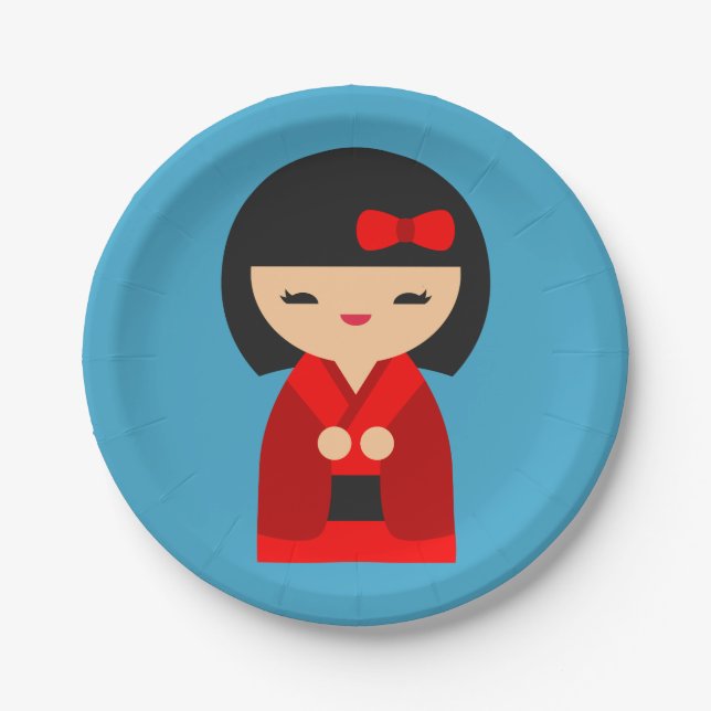 Cute orange Kokeshi Japanese dolls Paper Plates (Front)