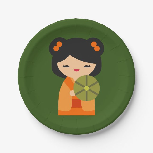 Cute orange Kokeshi Japanese dolls Paper Plates (Front)