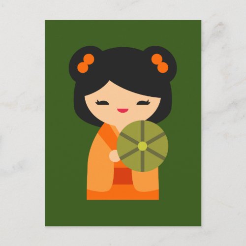 Cute orange Kokeshi Japanese dolls Postcard