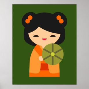 Cute orange Kokeshi Japanese dolls Poster