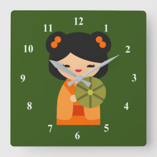 Cute orange Kokeshi Japanese dolls Square Wall Clock