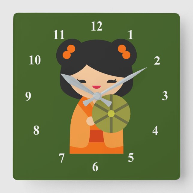Cute orange Kokeshi Japanese dolls Square Wall Clock (Front)
