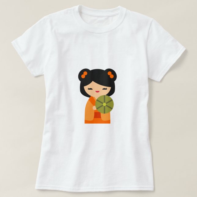 Cute orange Kokeshi Japanese dolls T-Shirt (Design Front)