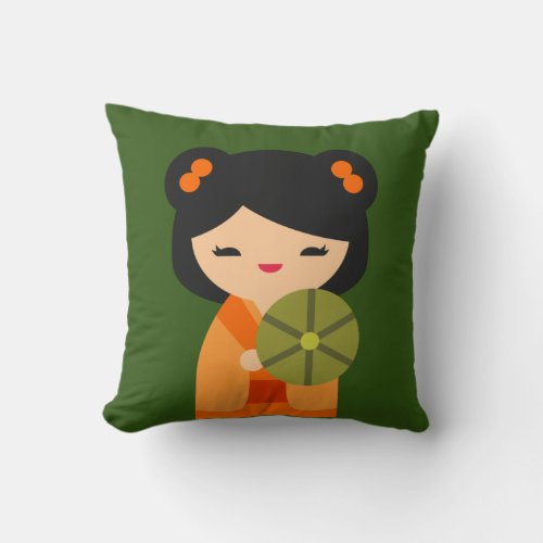 Cute orange Kokeshi Japanese dolls Throw Pillow
