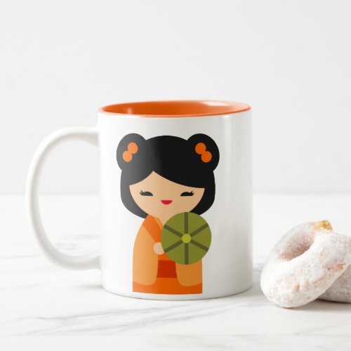 Cute orange Kokeshi Japanese dolls Two_Tone Coffee Mug