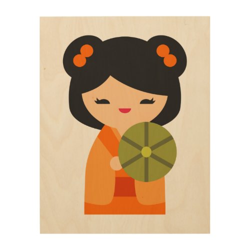 Cute orange Kokeshi Japanese dolls Wood Wall Art