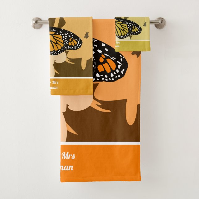 Cute Orange Mr & Mrs Monarch Butterfly Pair Bath Towel Set (Insitu)