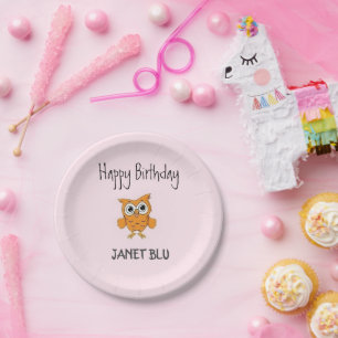 Cute orange owl happy birthday on pink paper plates