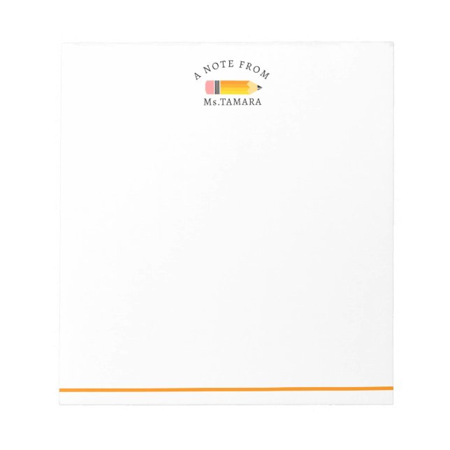 Cute Orange Pencil  From Personalized Teacher Name Notepad (Front)