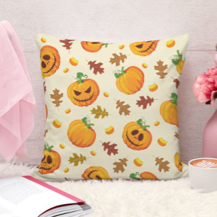 Cute Orange Pumpkin Autumn Leaf Pattern Throw Pillow