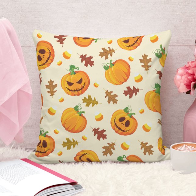Cute Orange Pumpkin Autumn Leaf Pattern Throw Pillow (Creator Uploaded)