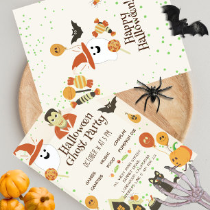 Cute Orange Pumpkin Bat Ghost Kids Halloween Party Invitation