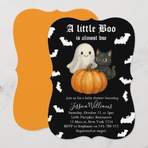 Cute Orange Pumpkin Cat Bats Halloween Baby Shower Invitation