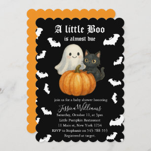 Cute Orange Pumpkin Cat Bats Halloween Baby Shower Invitation