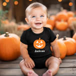 Cute Orange Pumpkin Custom Name Halloween Baby Bodysuit<br><div class="desc">Halloween shirt features a spooky-cute orange jack o lantern pumpkin and custom white text that can be personalized with your child's name.</div>
