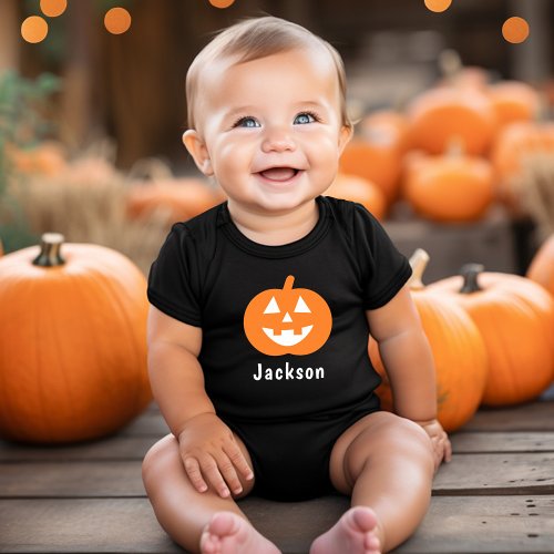 Cute Orange Pumpkin Custom Name Halloween Baby Bodysuit