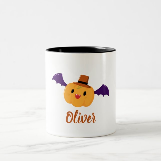 Cute Orange Pumpkin Custom Name Halloween Two-Tone Coffee Mug (Center)