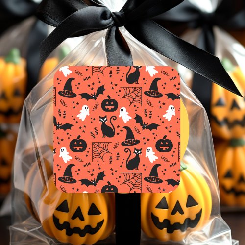 Cute Orange Pumpkin Ghost Halloween Pattern Square Sticker