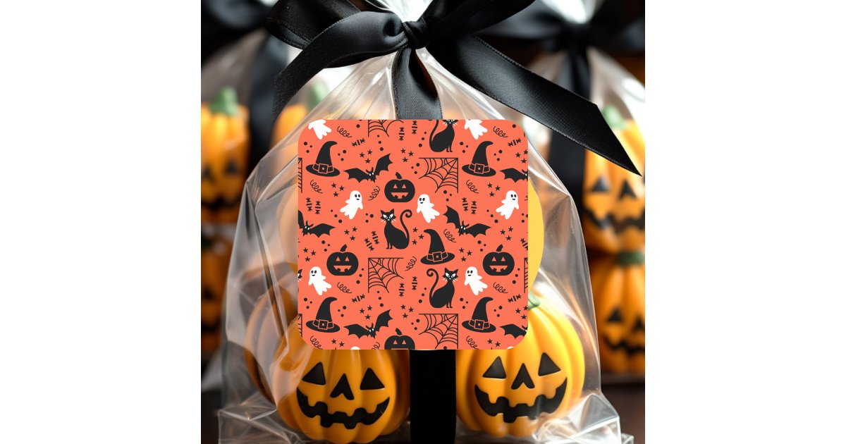 Cute Orange Pumpkin Ghost Halloween Pattern Square Sticker | Zazzle