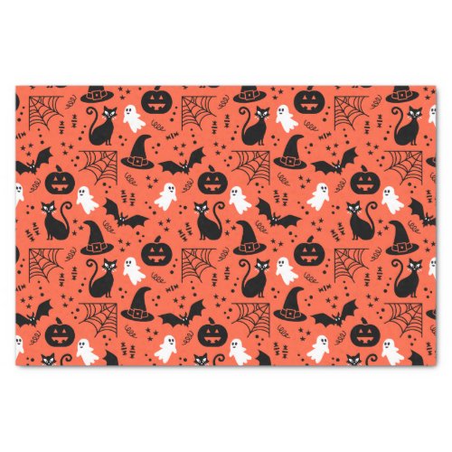 Cute Orange Pumpkin Ghost Halloween Pattern Tissue Paper