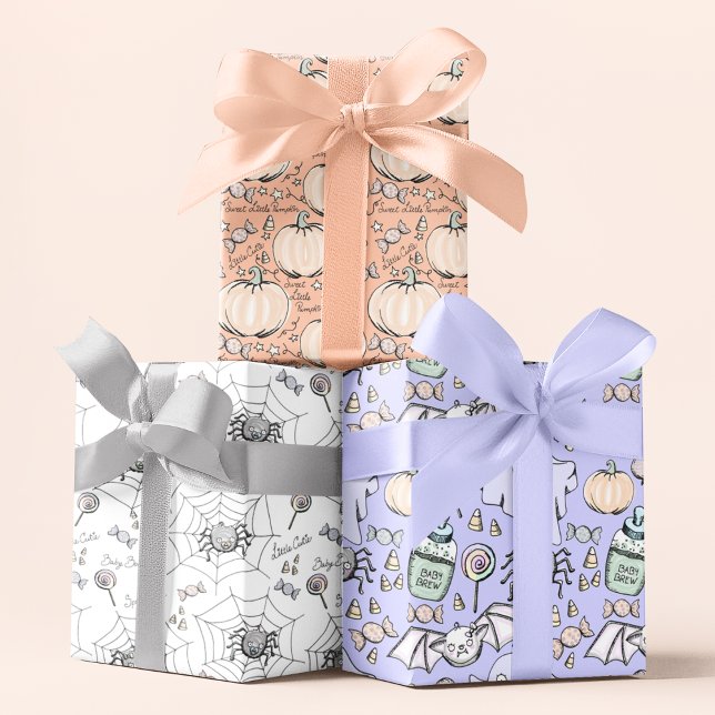Cute Orange Pumpkin Halloween Baby Shower  Wrapping Paper Sheets (Cute Halloween Kids Wrapping Paper for Baby or October Birthday. Pumpkins, Spiders, Bats, Ghosts)
