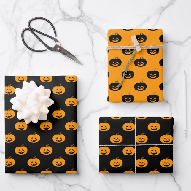Cute Orange Pumpkin Halloween Pattern Wrapping Paper Sheets (Front)