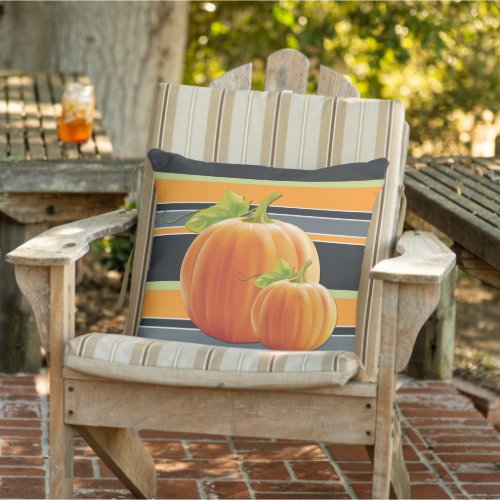 Cute Orange Pumpkin On Vibrant Stripes Pattern Outdoor Pillow