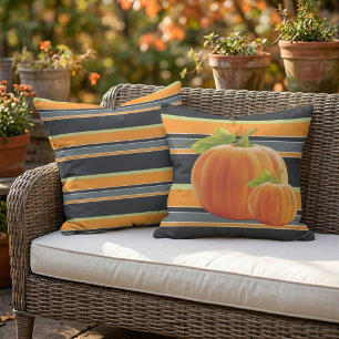 Cute Orange Pumpkin On Vibrant Stripes Pattern Outdoor Pillow