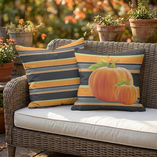 Cute Orange Pumpkin On Vibrant Stripes Pattern Outdoor Pillow (Creator Uploaded)