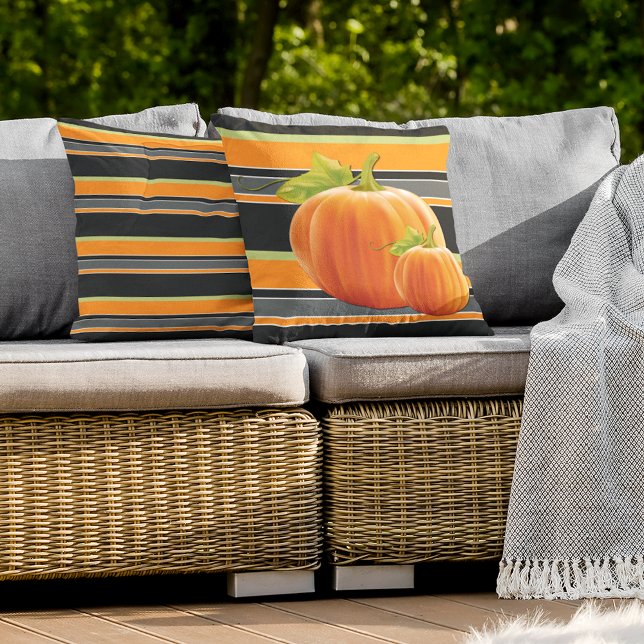 Cute Orange Pumpkin On Vibrant Stripes Pattern Outdoor Pillow (Creator Uploaded)
