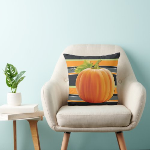 Cute Orange Pumpkin On Vibrant Stripes Pattern Throw Pillow