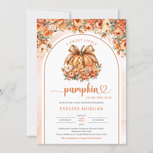 Cute orange pumpkin with leopard bow fall peonies  invitation