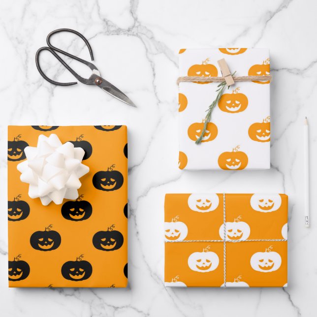 Cute Orange Pumpkins Halloween Pattern Wrapping Paper Sheets (Front)