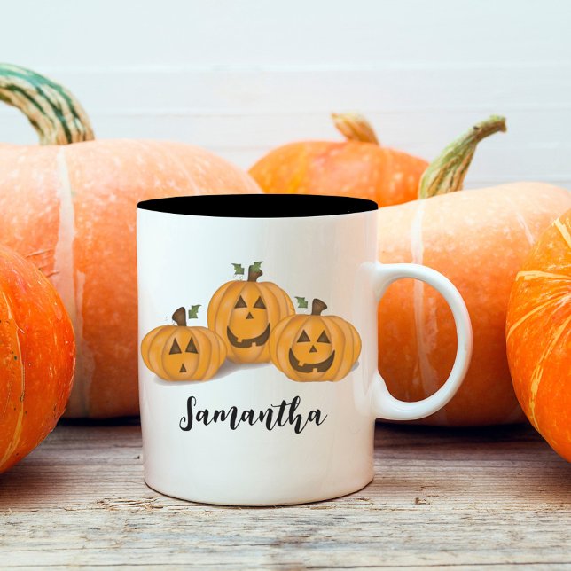Cute Orange Pumpkins Personalized Halloween Two-Tone Coffee Mug (Creator Uploaded)